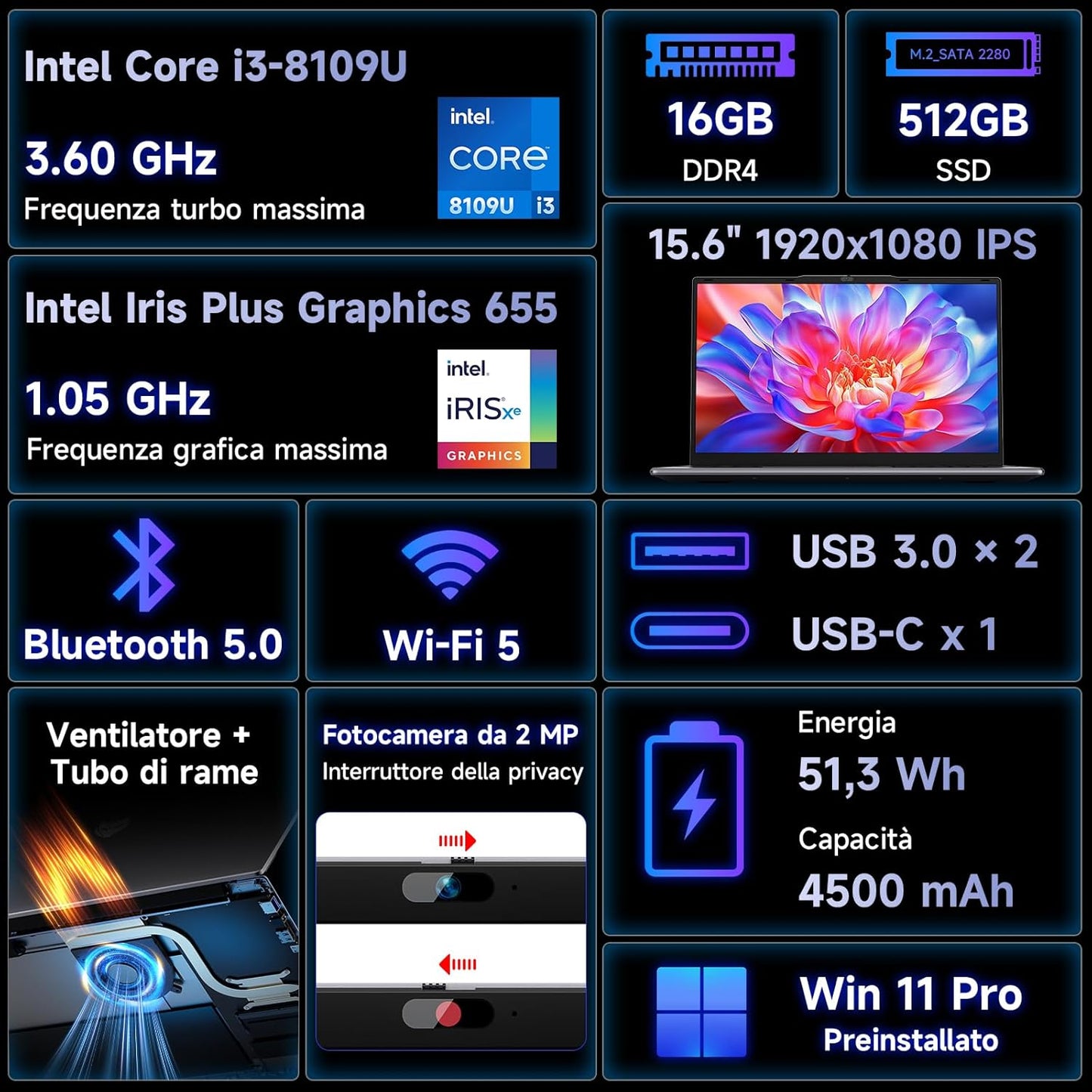 BMAX X15 Power 15.6 pollici 16GB RAM 512GB SSD Intel Core i3-8109U