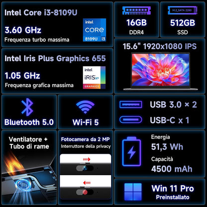 BMAX X15 Power 15.6 pollici 16GB RAM 512GB SSD Intel Core i3-8109U